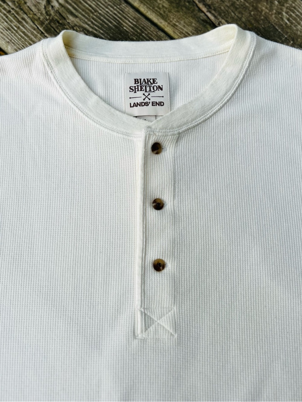 Lands' End Men's Cream Ribbed Henley with Contrast Buttons